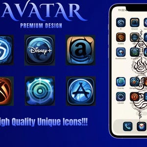 May include: A digital display of Avatar Premium Design app icons featuring blue and orange colour schemes. A smartphone screen shows a grid of custom icons with a central vertical graphic element. The text AVATAR PREMIUM DESIGN and High Quality Unique Icons!!! are visible.