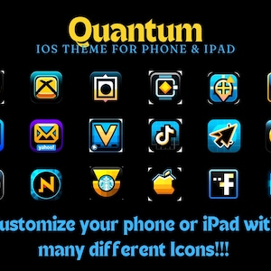 Könnte beinhalten: Schwarzer Hintergrund mit farbenfrohen App-Symbolen für iPhone und iPad. Der Text "Quantum IOS Theme For Phone & IPAD" steht oben. Der Text unten lautet "Passen Sie Ihr Telefon oder iPad mit vielen verschiedenen Symbolen an!!!"