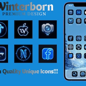 Könnte beinhalten: Ein Smartphone zeigt benutzerdefinierte App-Symbole mit Winterthema, darunter Social-Media- und Unterhaltungs-Apps. Das Bild zeigt auch sechs neongrüne App-Symbole auf blauem Hintergrund mit dem Text "Winterborn PREMIUM DESIGN" und "High Quality Unique Icons!!!".