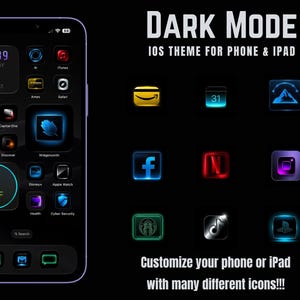 Könnte beinhalten: Ein Smartphone-Bildschirm mit einem iOS-Dark-Mode-Design, das App-Symbole und Widgets in Neonfarben zeigt. Der Text lautet DARK MODE IOS THEME FOR PHONE & IPAD und Customize your phone or iPad with many different icons!!! mit diversen App-Logos.