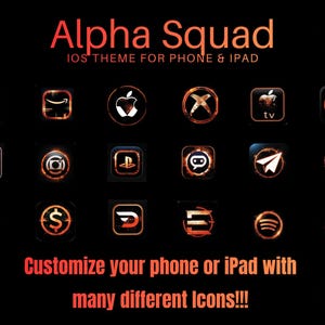 Op de afbeelding: Een digitale verzameling app-iconen getiteld Alpha Squad iOS Theme for Phone & iPad, met een zwarte achtergrond met gloeiende oranje cirkelvormige randen rond verschillende herkenbare merklogo's en symbolen, gerangschikt in een raster.