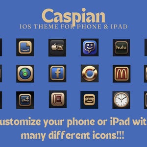 May include: Caspian iOS theme for iPhone and iPad, featuring app icons with a gold border and dark backgrounds. The image includes icons for Instagram, Amazon, Apple TV, Facebook, and more. Text reads "Customize your phone or iPad with many different icons!!!"