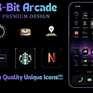 May include: A smartphone screen displaying custom app icons with an 8-bit arcade theme. The icons include Amazon, Starbucks, Netflix, and PlayStation. The phone's background features a purple and black starry design. Text reads "8-Bit Arcade Premium Design" and "High Quality Unique Icons!!!"
