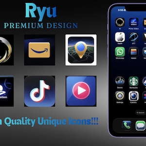 May include: A smartphone screen displaying custom app icons. The icons include Amazon, PlayStation, and TikTok. The text "Ryu Premium Design" and "High Quality Unique Icons!!!" are also visible.