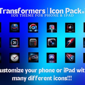 Op de afbeelding: Een digitale afbeelding met een verzameling app-pictogrammen met een Transformers-thema, ontworpen voor iPhone en iPad. De pictogrammen hebben een futuristisch, gloeiend ontwerp met een donkerblauw en rood kleurenschema. De tekst luidt "Transformers | Icon Pack #1".