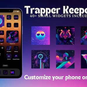 May include: A smartphone screen displaying a custom app theme with a smiley face, a tiger, and other icons in a neon color scheme. The text "Trapper Keeper 2" and "40+ SMALL WIDGETS INCLUDED!!!" are visible.