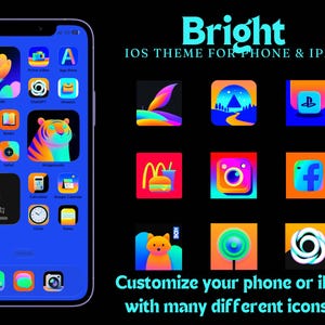 May include: A blue iPhone screen displays a custom iOS theme with colorful app icons. The theme includes a flower, tiger, and weather widget. Text reads "Bright IOS Theme for Phone & iPad" and "Customize your phone or iPad with many different icons!!!"