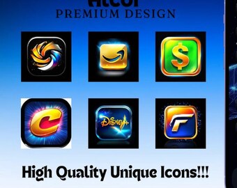 May include: A digital graphic display featuring the text Alcor PREMIUM DESIGN and High Quality Unique Icons!!!. It showcases six square app icons with rounded corners, including symbols for Amazon, Disney+, and various stylized abstract designs.