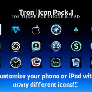 May include: A digital graphic showing neon-style app icons on a dark blue background. Icons include Amazon, Prime, Apple, and others. Text at the top reads "Tron Icon Pack #1". The bottom text says "Customize your phone or iPad with many different icons!!!"