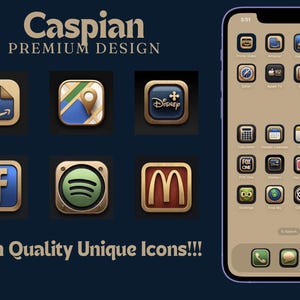 May include: A smartphone screen displaying custom app icons with a gold and brown color scheme. The icons include Amazon, Disney, Facebook, Spotify, and McDonald's. The text "Caspian Premium Design" and "High Quality Unique Icons!!!" are also visible.