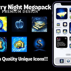 May include: A smartphone displays a "Starry Night Megapack" theme with custom app icons. The icons include a blue alarm clock, an apple, books, a calendar, a camera, and a dollar sign. The phone also shows weather information.