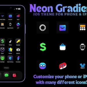May include: A smartphone screen displaying a neon gradient iOS theme. The theme features black icons with neon accents, including app icons for AI, Amazon, and Facebook. Text reads "Neon Gradient IOS Theme for Phone & iPad". The image also includes the text "Customize your phone or iPad with many different icons!!!".