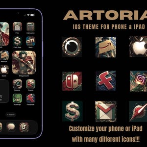 Op de afbeelding: Een digitale weergave van het ARTORIA iOS-thema voor telefoon en iPad, met een smartphonescherm met aangepaste app-pictogrammen en widgets. Het thema bevat een verzameling gestileerde, donkergekleurde pictogrammen met fantasy-geïnspireerde kunst.