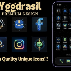 May include: A smartphone screen displays custom app icons with a dark theme. The icons include social media, streaming, and other app logos, with a neon glow effect. Text at the top reads "Yggdrasil PREMIUM DESIGN" and "High Quality Unique Icons!!!".