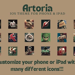 Könnte beinhalten: Eine Sammlung benutzerdefinierter App-Symbole für iPhone und iPad mit verschiedenen Designs. Das Bild zeigt Symbole für TV, Facebook, Instagram und andere Apps, mit dem Text "Artoria" und "Passe dein Handy oder iPad mit vielen verschiedenen Symbolen an!!!".