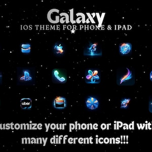 May include: A black background with a galaxy theme featuring various app icons in blue and orange. Text reads "Galaxy IOS Theme For Phone & iPad" and "Customize your phone or iPad with many different icons!!!"