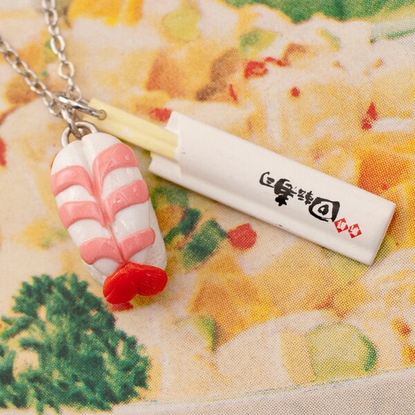 Charm Necklace - Japanese Sweet Shrimp Ebi Nigiri Sushi and Chopsticks Handmade by Roscata