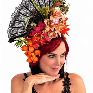 Frightening Fannie: LED Fisherman's Float Headpiece | Spooky Tiki Halloween Fascinator | Tropical Goth Lace Fan
