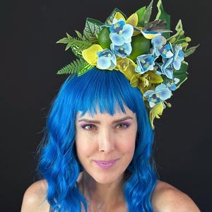 Tiki Headband with Blue Orchids, Yellow Tropicals & Hummingbird – Tiki Oasis Fascinator, Viva Las Vegas Jungle Hair Crown Headband - 125