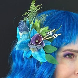 Tiki Headpiece Hair Clip with Blue Orchids, Skulls & Jungle Greens – Tiki Oasis Accessory, Viva Las Vegas, Tropical Pinup Fascinator - 215