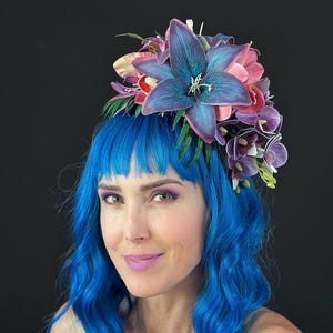 Tiki Headband with Purple Lily & Orchids – Tropical Tiki Oasis Fascinator, Viva Las Vegas Crown, Festival Hairpiece, Mermaid Style - 127