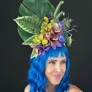 Tiki Oasis Headband with Purple Flowers & Tiki Swizzle Sticks – Tropical Fascinator for Updo or Loose Hair - Pinup headpiece, Tiki Hair -291