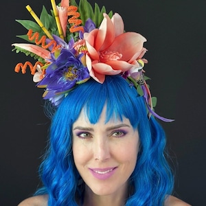 Tiki Oasis Headpiece with Giant Vintage Silk Lily, Purple Lotus Flowers & Swirls – Tropical Fascinator headband for Tiki Events - 292