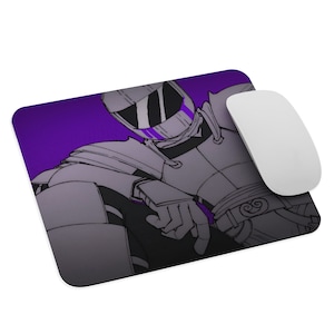 May include: A purple and gray mousepad with a drawing of a person wearing a helmet and armor. The person is looking to the right and has a purple stripe on their helmet.