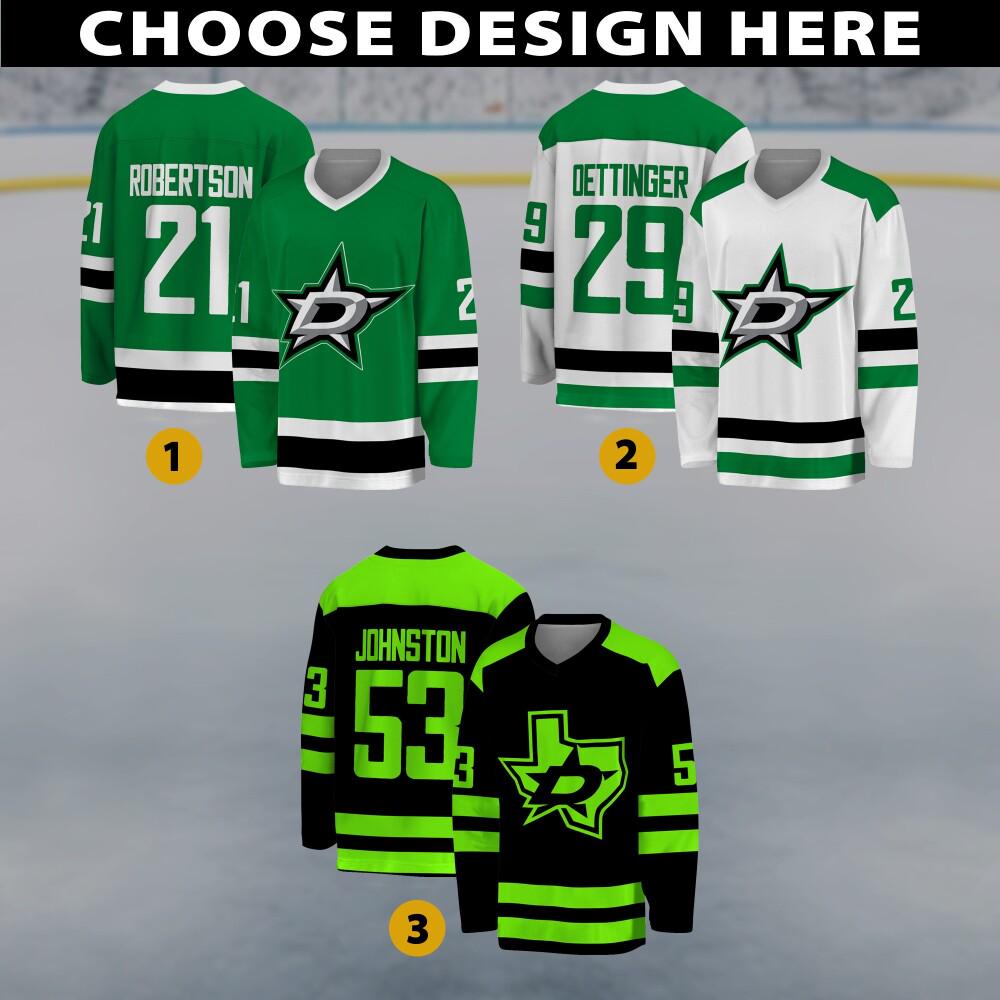 Discover Personalized Dallas Stars Hockey Jersey, Dallas Jersey For Men With Your Team Name, Jason Robertson Jake Oettinger Fan Hockey Jersey