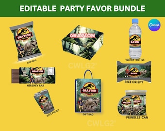 May include: Editable party favor bundle featuring a dinosaur theme. The bundle includes a chip bag, Hershey bar wrapper, juice pouch, gift bag, water bottle, rice crispy treat wrapper, and Pringles can. Each item features a green dinosaur and the name "Grayson".