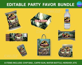 May include: Editable party favor bundle with a dinosaur theme. Includes a chip bag, Capri-Sun drink pouch, water bottle, Hershey's chocolate bar, and other party favors. The favors feature a green dinosaur and the name "GRAYSON".