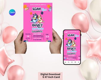 Invitación de cumpleaños azul rosa / Invitación editable para fiesta de cumpleaños de niña / Plantilla digital de Canva