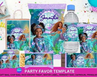 May include: A party favor template featuring a mermaid theme. The design includes a gift bag, chip bag, water bottle label, Hershey bar, and other items. The text "Our Little Mermaid Samantha 4" is displayed on several items. The image has a colorful, whimsical design.