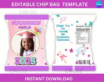 May include: Editable chip bag template with a pink and purple design. The front of the bag features a photo of a young girl wearing a graduation cap and gown, with the text "Congratulations! Amelia 2025". The back of the bag has the text "Thank You For Coming My Graduation Celebration" and a list of "Graduate Facts" with the heading "Success 100%".