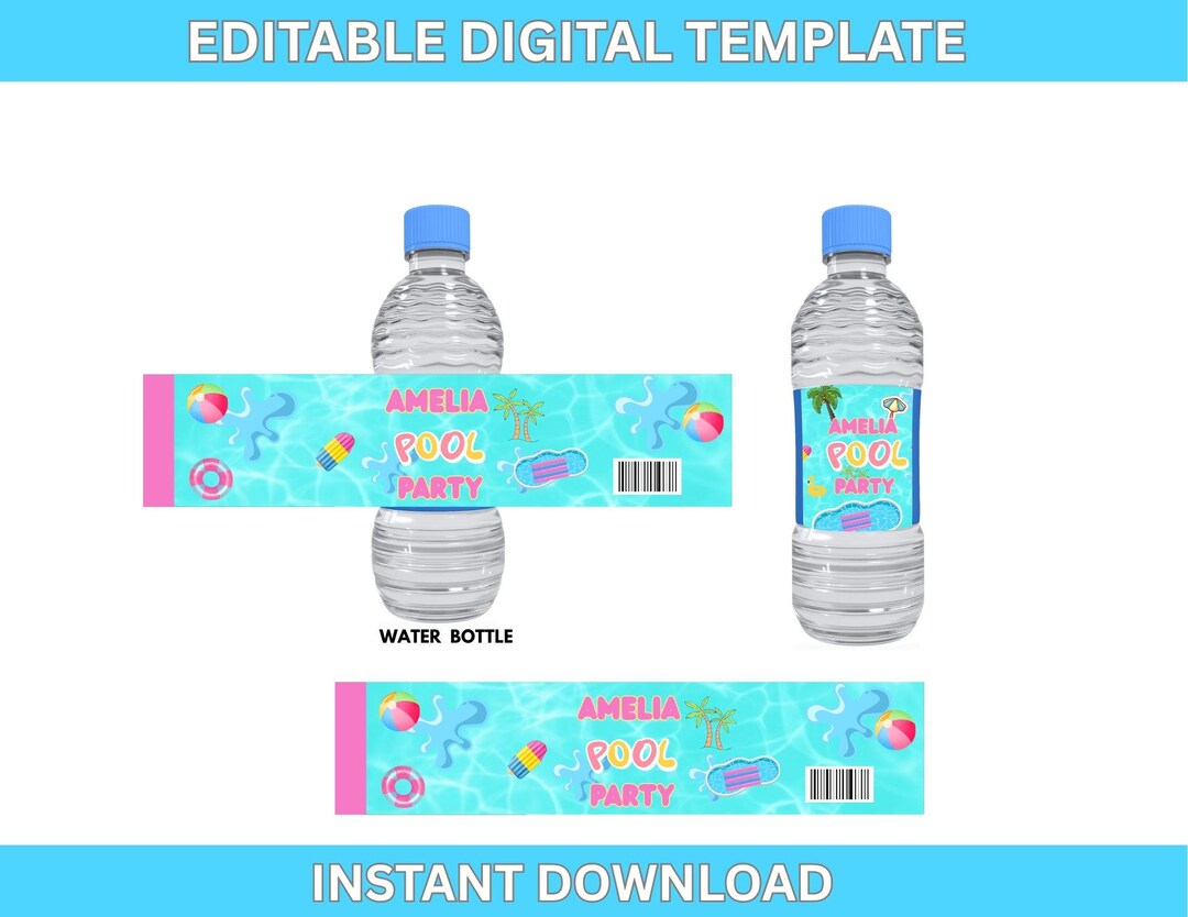 Water Pool Label Pool Party Water Bottle Label Template - Etsy