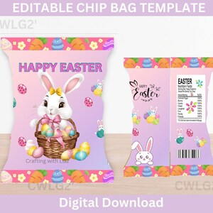Puede incluir: Plantilla de bolsa de chips imprimible con un fondo rosa y morado con un conejito de dibujos animados sosteniendo una cesta de huevos de Pascua. El texto "Feliz Pascua" está en la parte superior de la bolsa y "Crafting with Lez" en la parte inferior.
