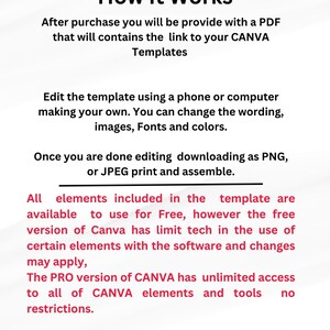 May include: Text explaining how to use a Canva template. The text explains that after purchase, you will receive a PDF with a link to a Canva template. You can edit the template using a phone or computer, changing the wording, images, fonts, and colors. Once you are done editing, you can download the template as a PNG or JPEG, print it, and assemble it. The text also explains that all elements included in the template are available for free, but the free version of Canva has limitations on the use of certain elements. The PRO version of Canva has unlimited access to all Canva elements and tools. The text ends with the code "CWLG2".