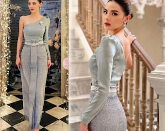 4 Piece Set / Modern Traditional Thai Asymmetric Long Sleeve Gray Blouse Top Long Printed Sarong Wedding Bridesmaid Engagement Prom Party