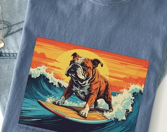 T-shirt Surfing Bulldog | Retro zonsonderganggolfillustratie