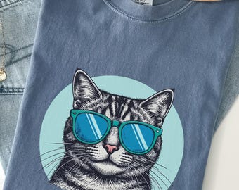 Camiseta gráfica de gato con gafas de sol / Camiseta unisex de algodón