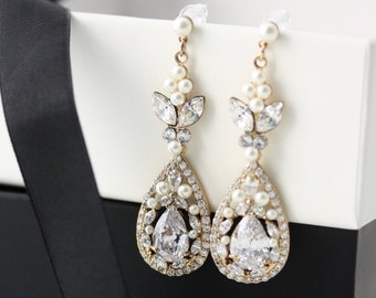 Gold Bridal Earrings Long Wedding Earrings Cubic Zirconia Teardrop Wedding Jewelry Swarovski Crystal Wedding Jewelry VIVIENNE