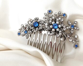Wedding Hair Comb, Blue Wedding Hair Accessories, Something Blue, Romantic Silver Floral Hair Piece, Pearl Rhinestone Flowers,  SABINE