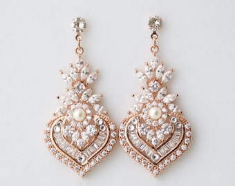 Rose Gold Earrings Bridal Earrings Rose Gold Crystal Earrings Pearl Wedding Earrings Vintage Wedding Jewelry EVIE DROP