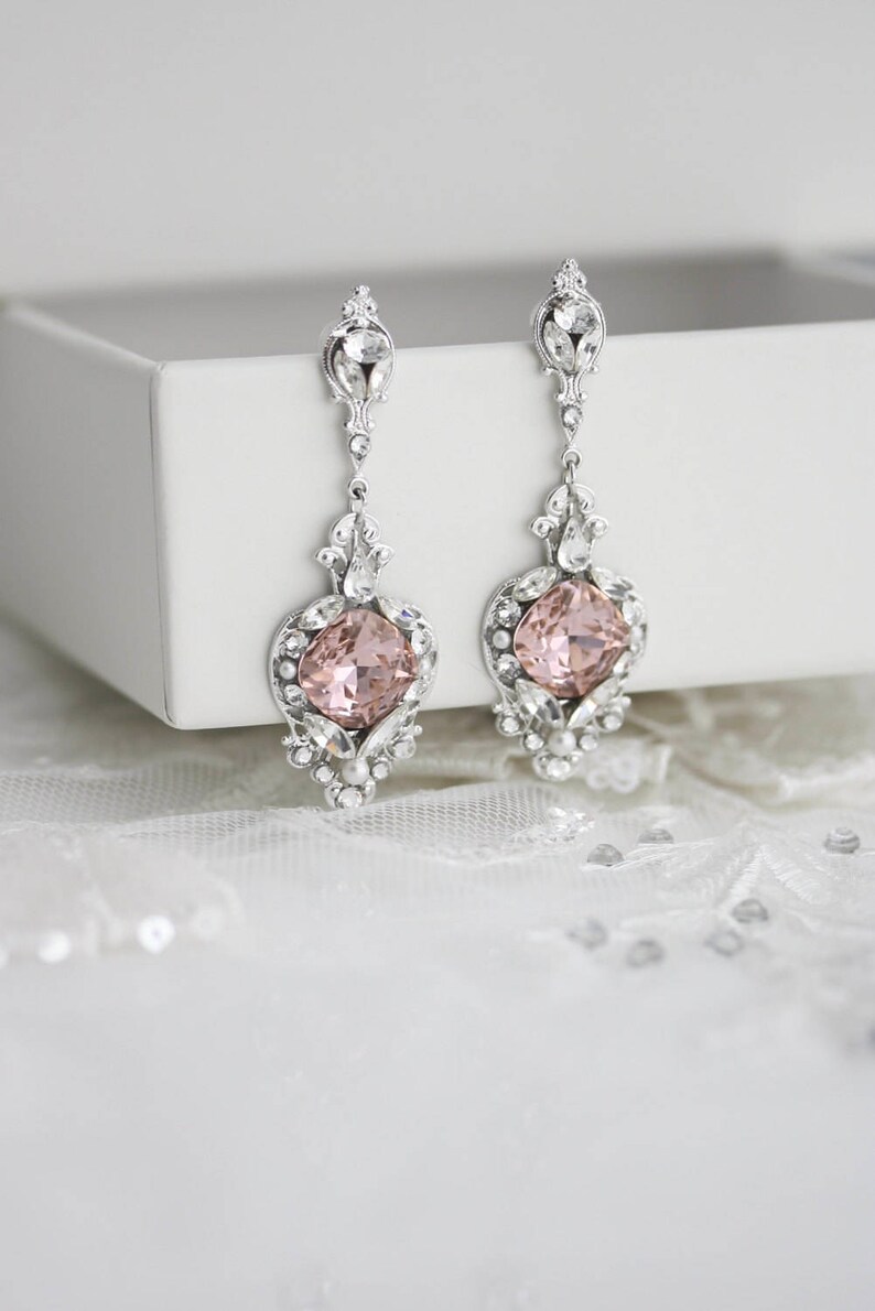 Blush Pink Wedding Earrings Crystal Bridal Earrings Vintage Etsy
