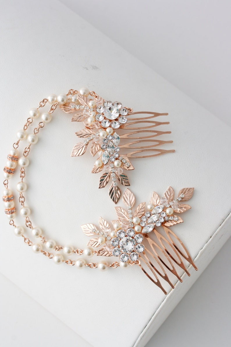 Rose Gold Hair Chain Wedding Headpiece Pearl Draped Bridal Etsy