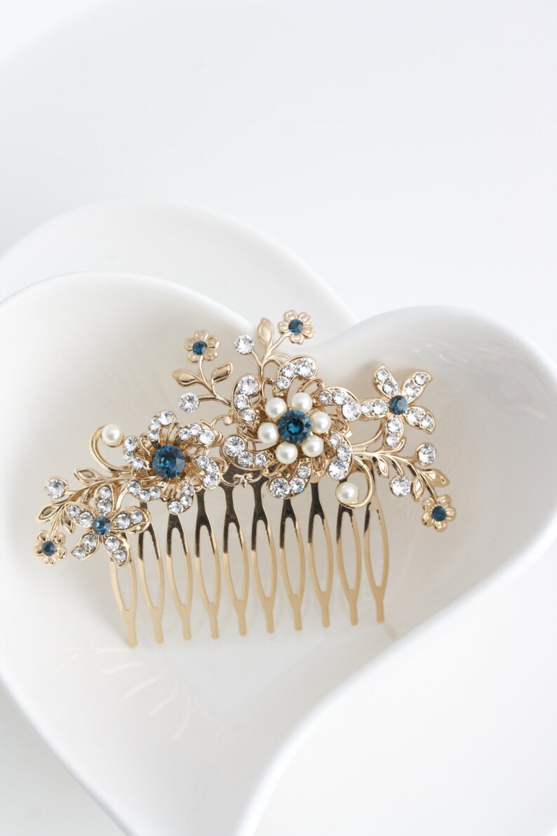 Wedding Comb Gold Bridal Hair Comb Something Blue Crystal Comb Etsy