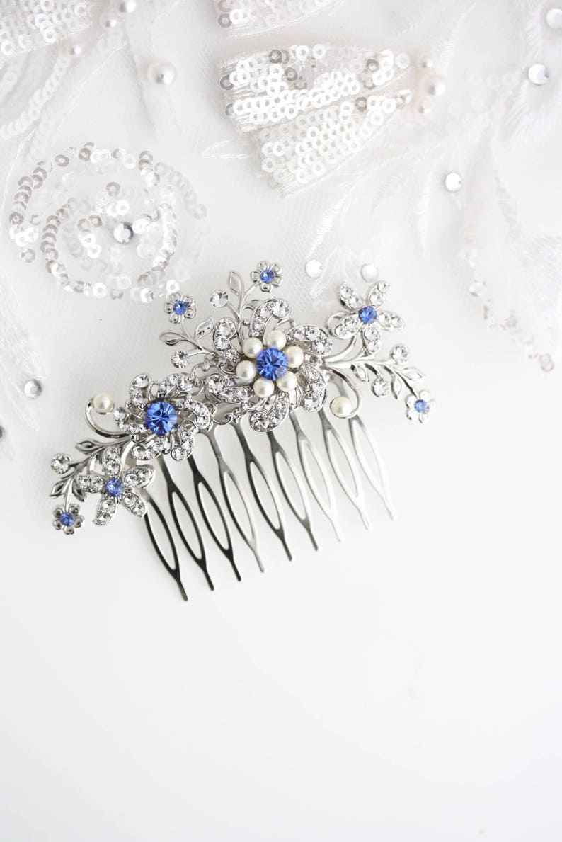 wedding hair comb blue wedding hair accessories something blue pearl  rhinestone flowers romantic silver floral hair piece sabine