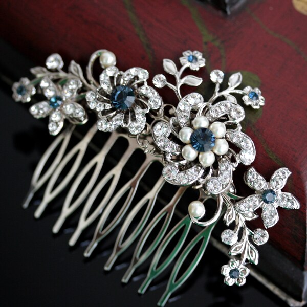 Wedding Hair Comb, Rhinestone flowers and vintage leaves, Montana Blue SABINE