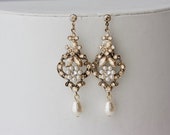 Chandelier Wedding Earrings, Antique Gold Bridal Earrings, Swarovski Golden Shadow, Crystal Pearl Vintage Wedding Jewelry, Rustic Charm, AMY
