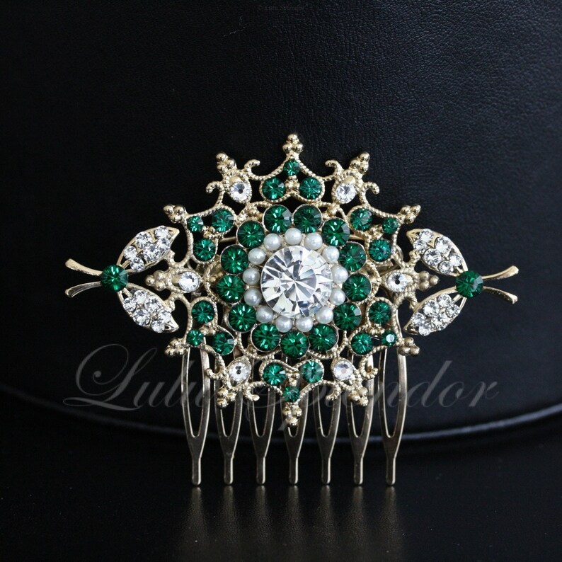 Wedding Hair Comb Emerald Green Swarovski Crystals Gold Bridal Etsy